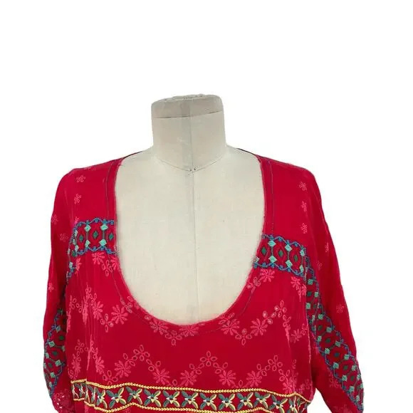 Johnny Was Daisy Eyelet Tunic‎ Top Short Sleeve Embroidered Red Size PL Petites - Picture 3 of 8